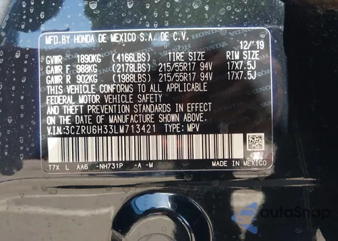 2020 Honda Hr-V Awd Lx z USA, uszkodzony, nr VIN 3CZRU6H33LM713421